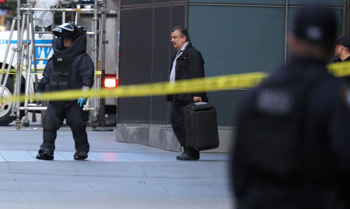 A member of the New York Police Department bomb squad is pictured outside the Time Warner Center in the Manahattan borough of New York City after a suspicious package was found inside the CNN Headquarters in New York, U.S., October 24, 2018.