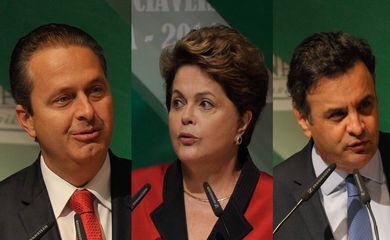 Candidatos à Presidência da República, Eduardo Campos (PSB), Dilma Rousseff (PT) e Aécio Neves (PSDB), participam de sabatina na Confederação da Agricultura e Pecuária do Brasil (CNA) (Antonio Cruz/Agência Brasil)