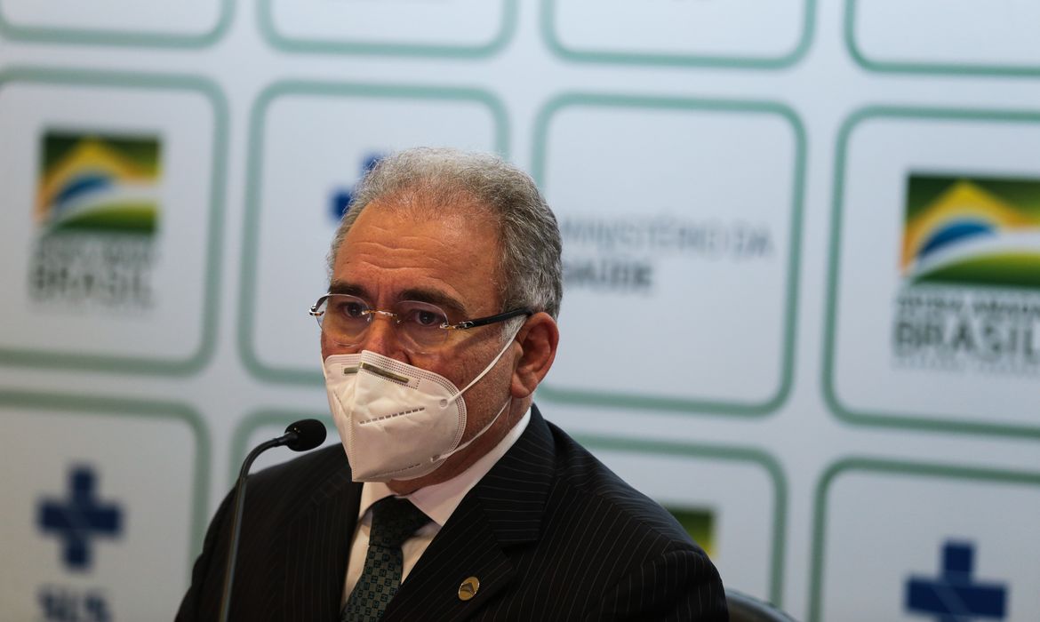 O ministro da Saúde, Marcelo Queiroga, falou durante coletiva de imprensa, sobre a antecipação de novos lotes de vacina contra a covid-19.