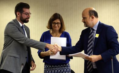 Brasília - O representante do Instituto Alana no Conanda, Pedro Hartung, a secretária nacional dos Direitos da Criança e do Adolescente, Berenice Maria Gianella, e o chefe da Assessoria Internacional do MDS,  Evandro Araújo, durante entrega