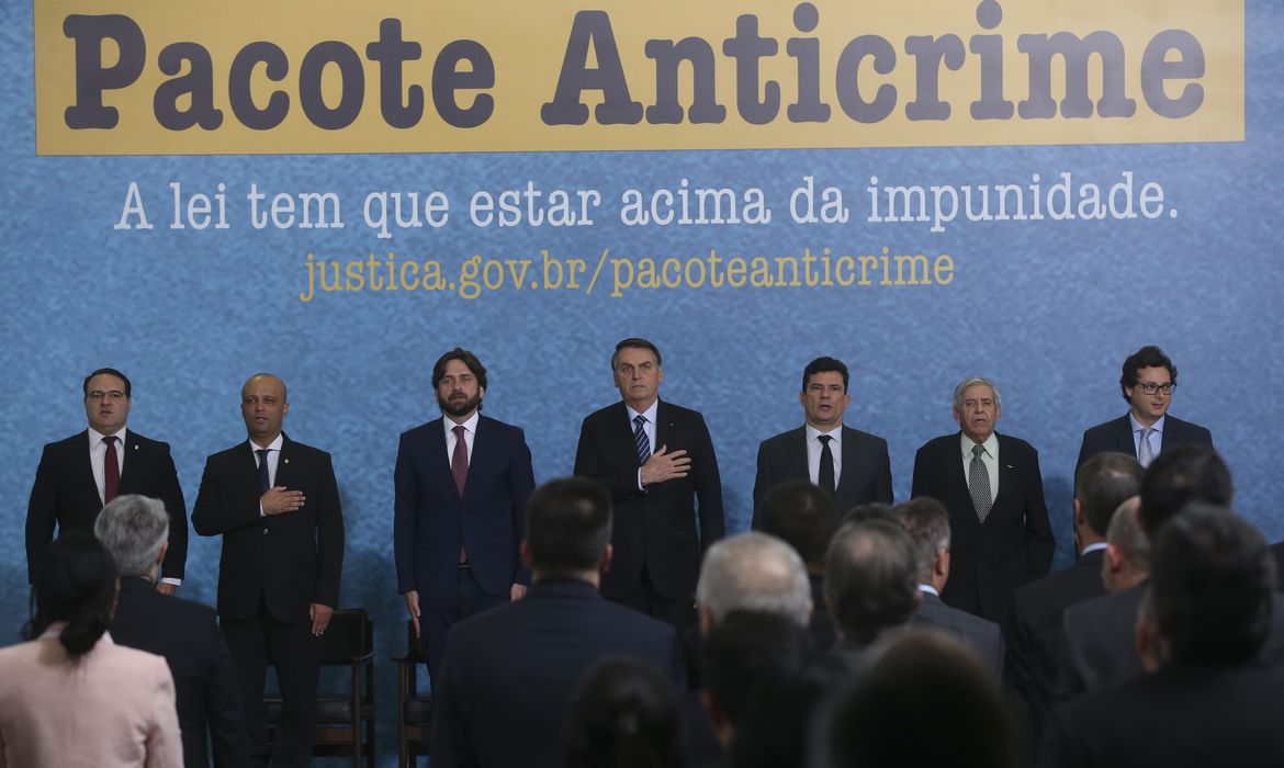  
O presidente Jair Bolsonaro e o ministro da Justiça e Segurança Pública, Sergio Moro, participam do lançamento da campanha publicitária do Projeto Anticrime, do governo federal