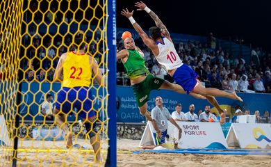 16.10.2019 - Jogos Mundiais de Praia - Doha 2019 - Katara Beach-  Seleção masculina de handebol de praia durante a dispura da medalha de ouro contra a Espanha. Foto: Miriam Jeske/COB