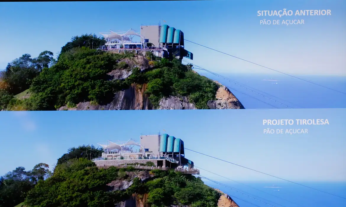 Rio de Janeiro (RJ), 10/04/2023 - Reprodução da simulação antes e depois do projeto de construção de uma tirolesa no Parque Bondinho Pão de Açúcar, que ligará o Morro Pão de Açúcar ao Morro da Urca. Foto: Fernando Frazão/Agência Brasil