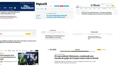 Brasília (DF), 11/09/2025 - Condenação de Bolsonaro e aliados repercute na imprensa internacional
Por 4 a 1, Primeira Turma do STF condenou ex-presidente e mais 7 réus.
Print jornais internacionais