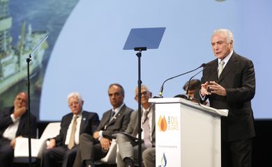 O presidente Michel Temer discursa na cerimônia de encerramento da Rio Oil and Gas 2018, no Riocentro, em Jacarepaguá.