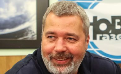 Russian investigative newspaper Novaya Gazeta's editor-in-chief Dmitry Muratov smiles in his office in Moscow