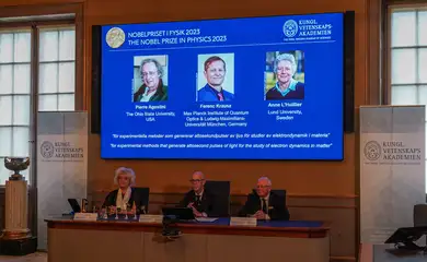 Scientists Pierre Agostini, Ferenc Krausz and Anne L'Huillier are announced as the winners of the 2023 Nobel Prize in Physics at a press conference in the Royal Swedish Academy of Sciences in Stockholm, Sweden, October 3, 2023. REUTERS/Tom Little