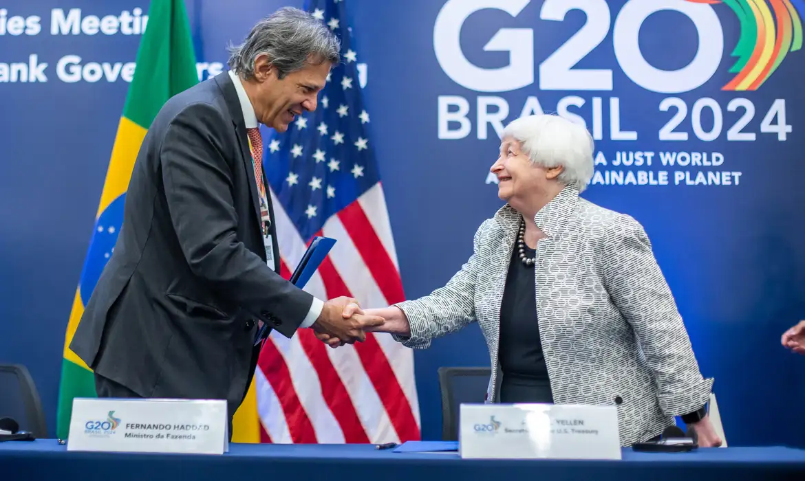Diogo Zacarias/MF Rio de Janeiro (RJ), 26.07.2024 - Ministro da Fazenda Fernando Haddad durante pronunciamento com Janet Yellen, Secretária do Tesouro dos Estados Unidos, em cerimônia de assinatura de acordo no G20. Foto: Diogo Zacarias/MF