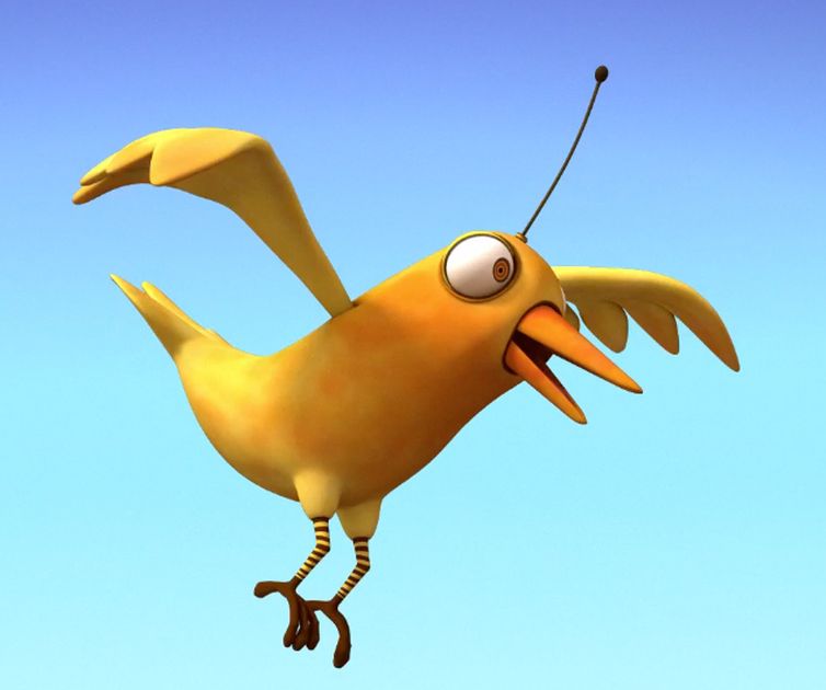 O passarinho amarelo chamado Piu é o grande parceiro de aventuras do Godofredo