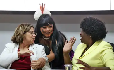 Brasília (DF), 25/03/2025 - A ministra das Mulheres Cida Gonçalves e a deputada federal Benedita da Silva durante lançamento do relatório anual socioeconômico da mulher. Foto: Antônio Cruz/Agência Brasil