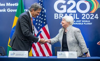 Rio de Janeiro (RJ), 26.07.2024 - Ministro da Fazenda Fernando Haddad durante pronunciamento com Janet Yellen, Secretária do Tesouro dos Estados Unidos, em cerimônia de assinatura de acordo no G20. Foto: Diogo Zacarias/MF
