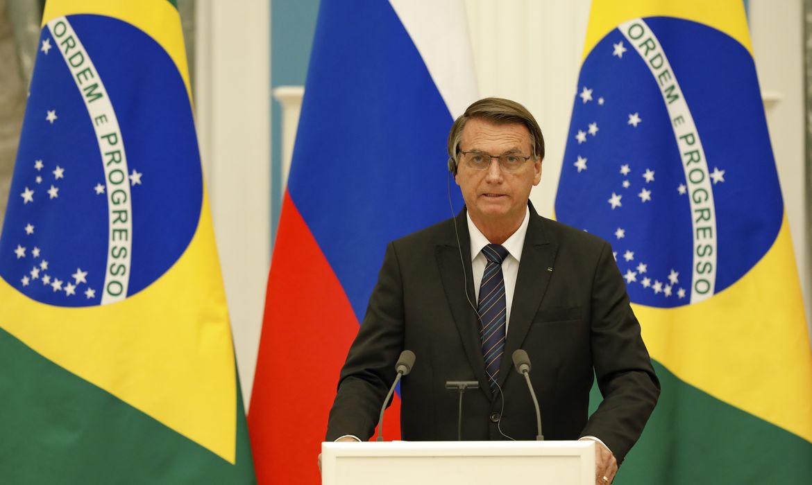 O presidente da República do Brasil, Jair Bolsonaro, durante declaração à Imprensa em Moscou.