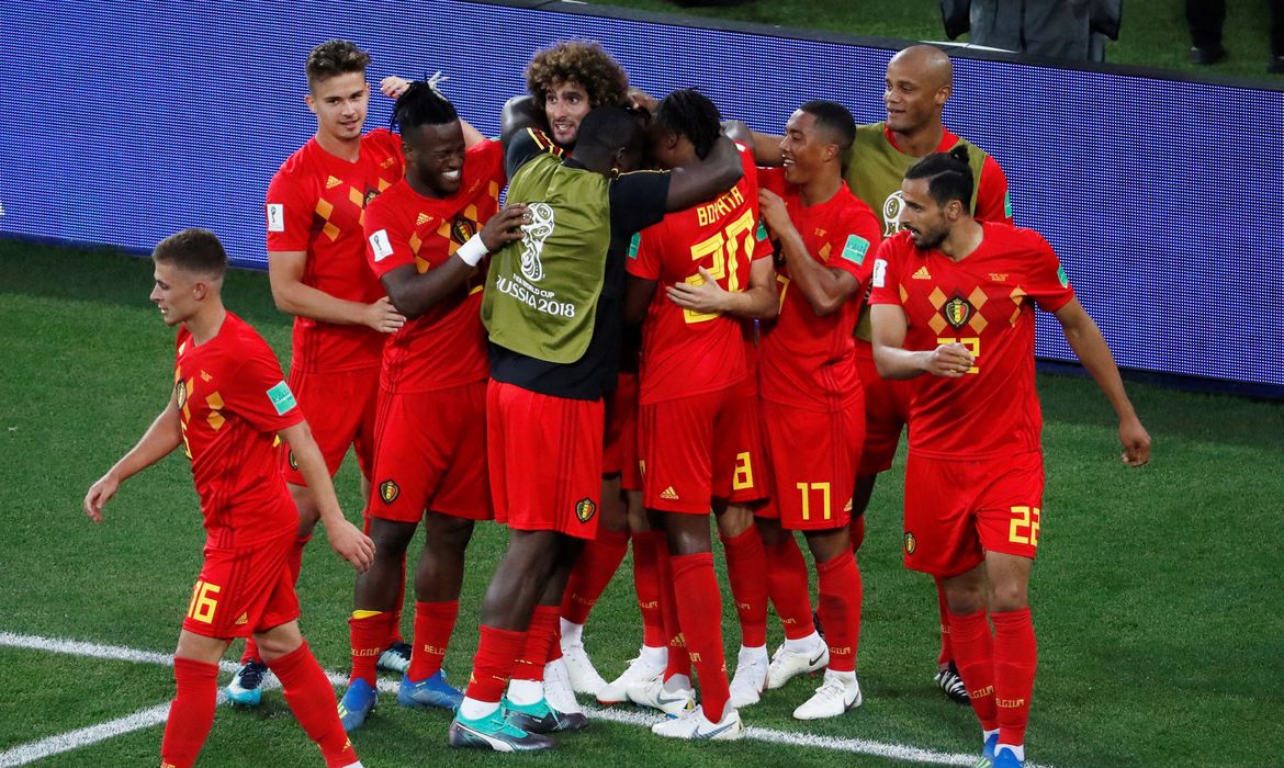 Copa 2018: Inglaterra e Bélgica. Comemoração do primeiro gol da Bélgica. 