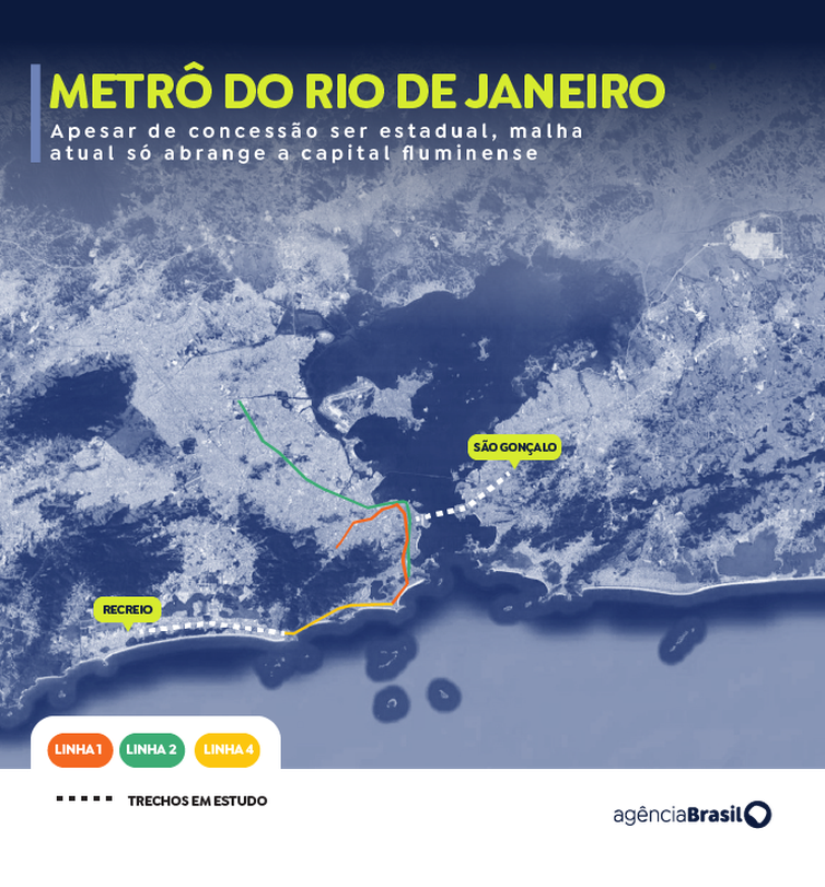 Arte/ABR Mapa das linhas de metrô no Rio de Janeiro