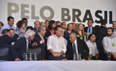 Brasília - Os presidentes da Câmara, Eduardo Cunha, do Senado, Renan Calheiros, e o vice-presidente da República, Michel Temer, participam da convenção nacional do PMDB (Valter Campanato/Agência Brasil)