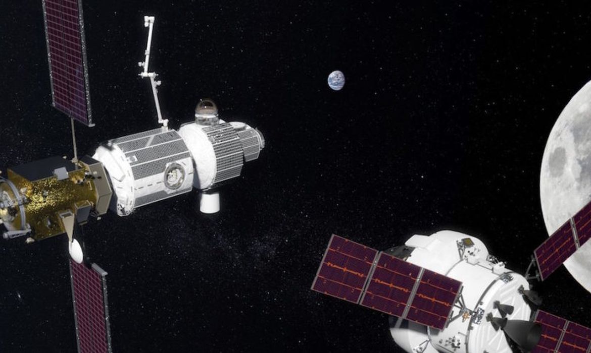 Concepção artística da futura estação espacial tripulada em órbita da lua