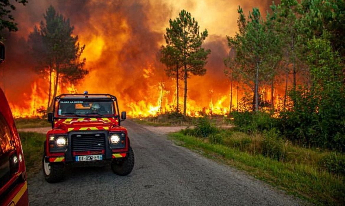 Árvores queimando em meio a um incêndio perto de Landiras