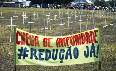 Grupo põe cruzes no gramado em frente ao Congresso para se manifestar a favor da PEC da redução da maioridade penal (Marcelo Camargo/Agência Brasil)