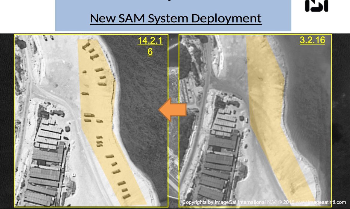 Imagens de satélite dos dias 3 e 14 de fevereiro mostram a instalação de mísseis na ilha de Woody, no arquipélago Paracels, no Mar do Sul da China