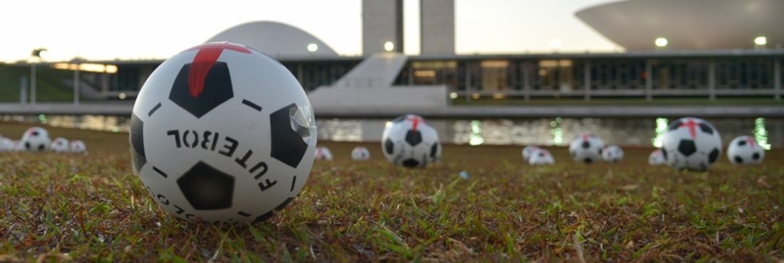 Brasília - Um grupo de manifestantes posicionou 594 bolas de futebol no gramado em frente ao Congresso. Com um chute, eles vão simbolizar a passagem de responsabilidade por melhorias aos parlamentares