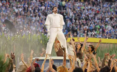 Super Bowl LX - Half-Time Show - New England Patriots v Seattle Seahawks - Levi's Stadium, Santa Clara, California, United States - February 8, 2026
Bad Bunny performs during the halftime show REUTERS/Mike Blake