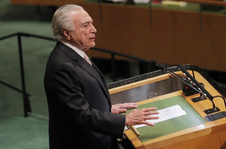 Brazil's President Michel Temer addresses the 73rd session of the United Nations General Assembly at U.N. headquarters in New York, U.S., September 25, 2018. REUTERS/Caitlin Ochs