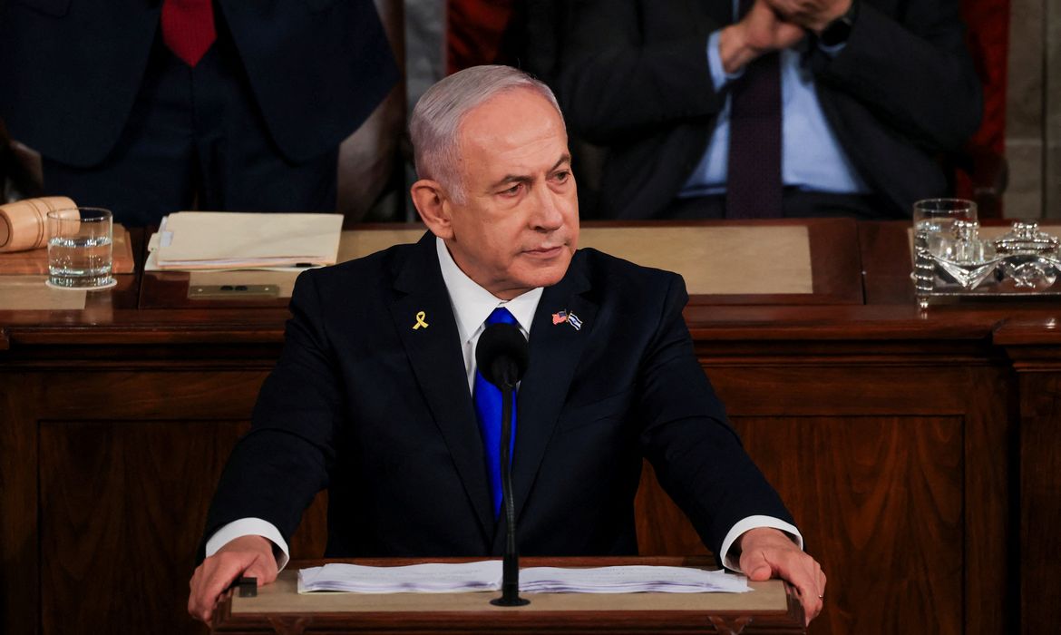 Israeli Prime Minister Benjamin Netanyahu looks on as he addresses a joint meeting of Congress at the U.S. Capitol in Washington, U.S., July 24, 2024. Reuters/Kevin Mohatt/Proibida reprodução