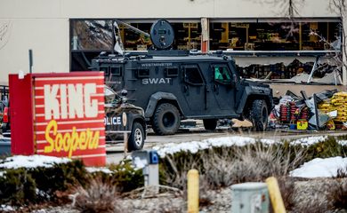 Emergency crews respond to a call of an active shooter at the King Soopers grocery store in Boulder