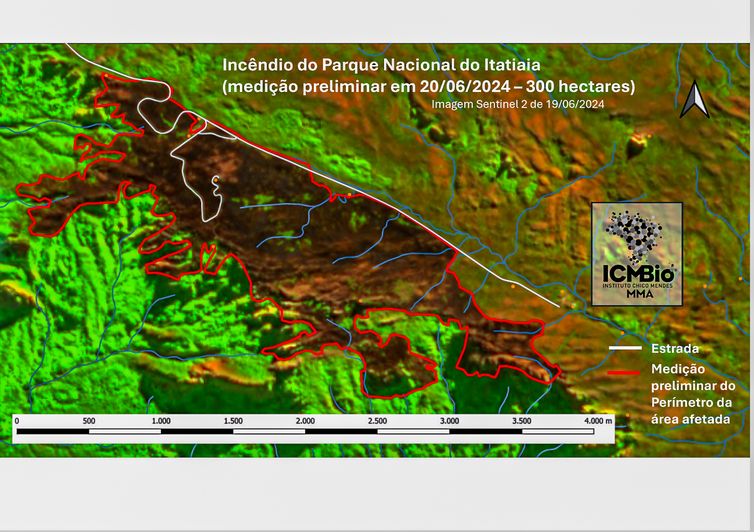 Brasília (DF) 20/06/2024 - Mapa de incêndio do Parque Nacional do Itatiaia.  Arte PNI/ ICMBio