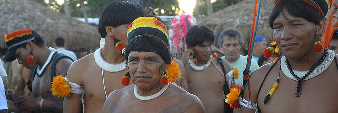 Índios da etnia Kuikuro na cerimônia de encerramento da nona edição dos Jogos dos Povos Indígenas