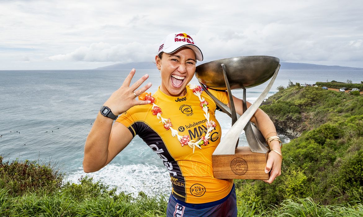 MAUI, UNITED STATES - DECEMBER 2: Carissa Moore of Hawaii wins her fourth WSL World Title at Honolua Bay on December 2, 2019 in Maui, United States.  (Photo by Kelly Cestari/WSL via Getty Images)