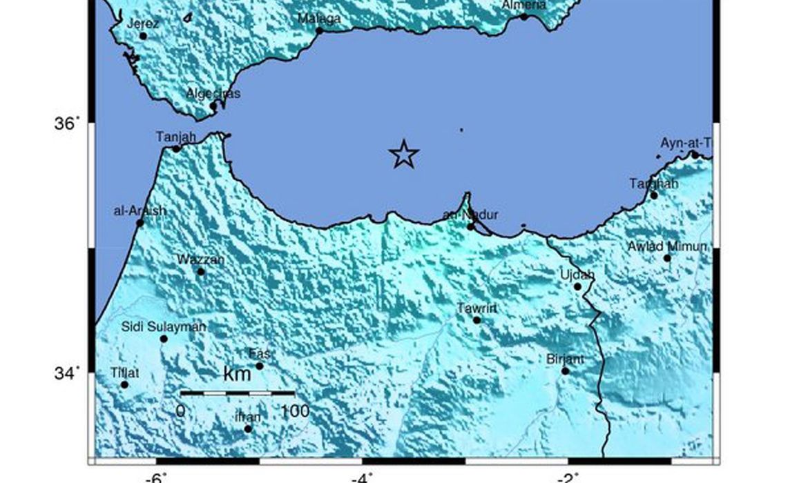 Comunicado divulgado pelo US Geological Survey mostra a localização do terremoto de magnitude 6,1 no Mar Mediterrâneo, entre a Espanha e o Marrocos