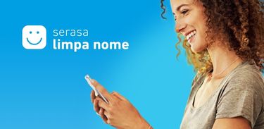 Serasa Limpa Nome - Mulher de perfil olha o celular; logo e nome da campanha