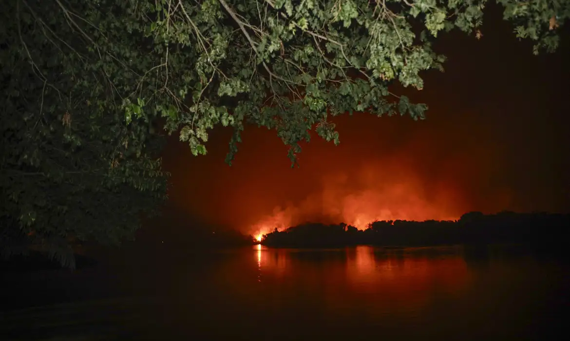 Porto Jofre (MT) 16/11/2023 – Vista da margem do Rio Cuibá onde se vê árvores sendo consumidas pelo incêndio florestal que atige o Pantanal. Na imagem a area que está sendo consumida pelas chamas é Mato Grosso do Sul
Foto: Joédson Alves/Agência Brasil