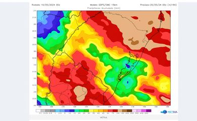 Brasília (DF) 17/05/2024 - Mapas Traz as projeções de chuva para dez dias dos modelo canadense (CMC) e europeu (ECMWF) em que se constata a tendência de altos volumes de chuva no período em diversas cidades, inclusive afetadas por enchentes.
Mapa METSUL/Divulgação