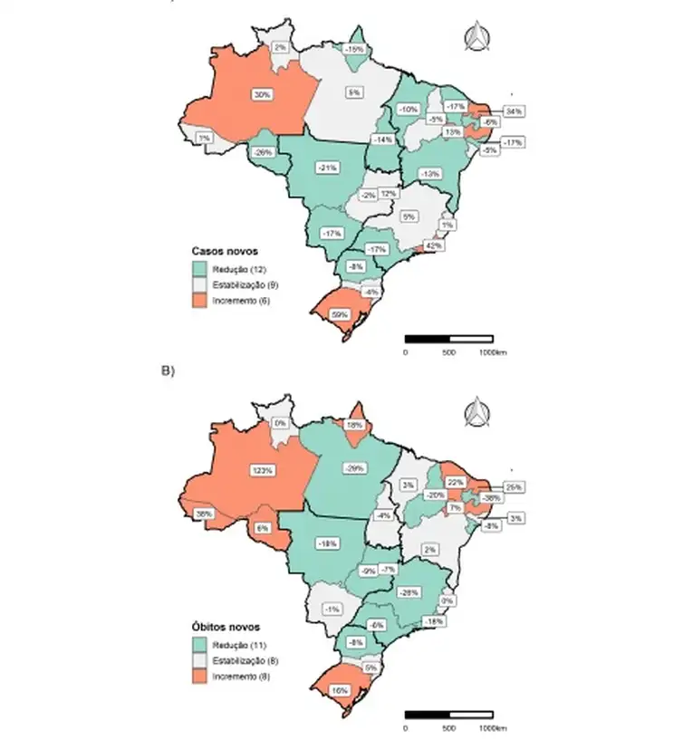 9 Representação da dinâmica de redução, estabilização e incremento do registro de casos (A) e óbitos (B) novos de covid-19,
por UF, na SE 40. Brasil, 2020