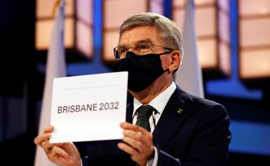 Presidente do COI, Thomas Bach, anuncia Brisbane como cidade-sede da Olimpíada de 2032 , em 21/07/2021